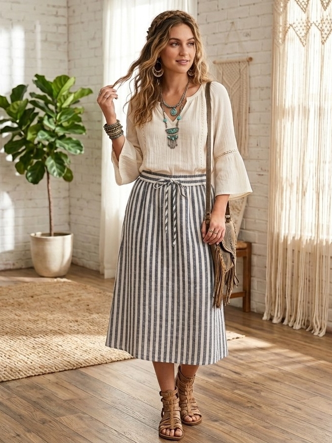 Linen Blend Striped Tie-Waist Midi Skirt In Gray And White